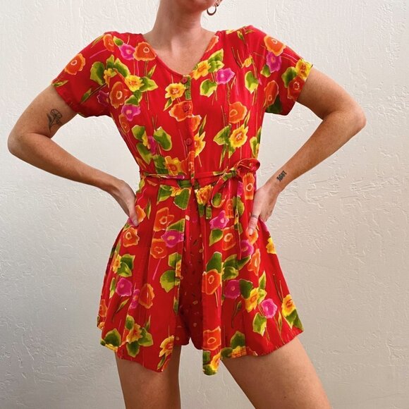 Vintage Dresses & Skirts - Vintage 1980/90's Red Floral Printed Button Up Playsuit Romper Dress